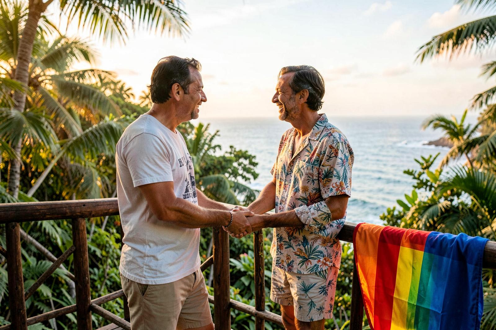 Two men holding hands on a jungle villa terrace overlooking the Pacific, a rainbow pride flag beside them