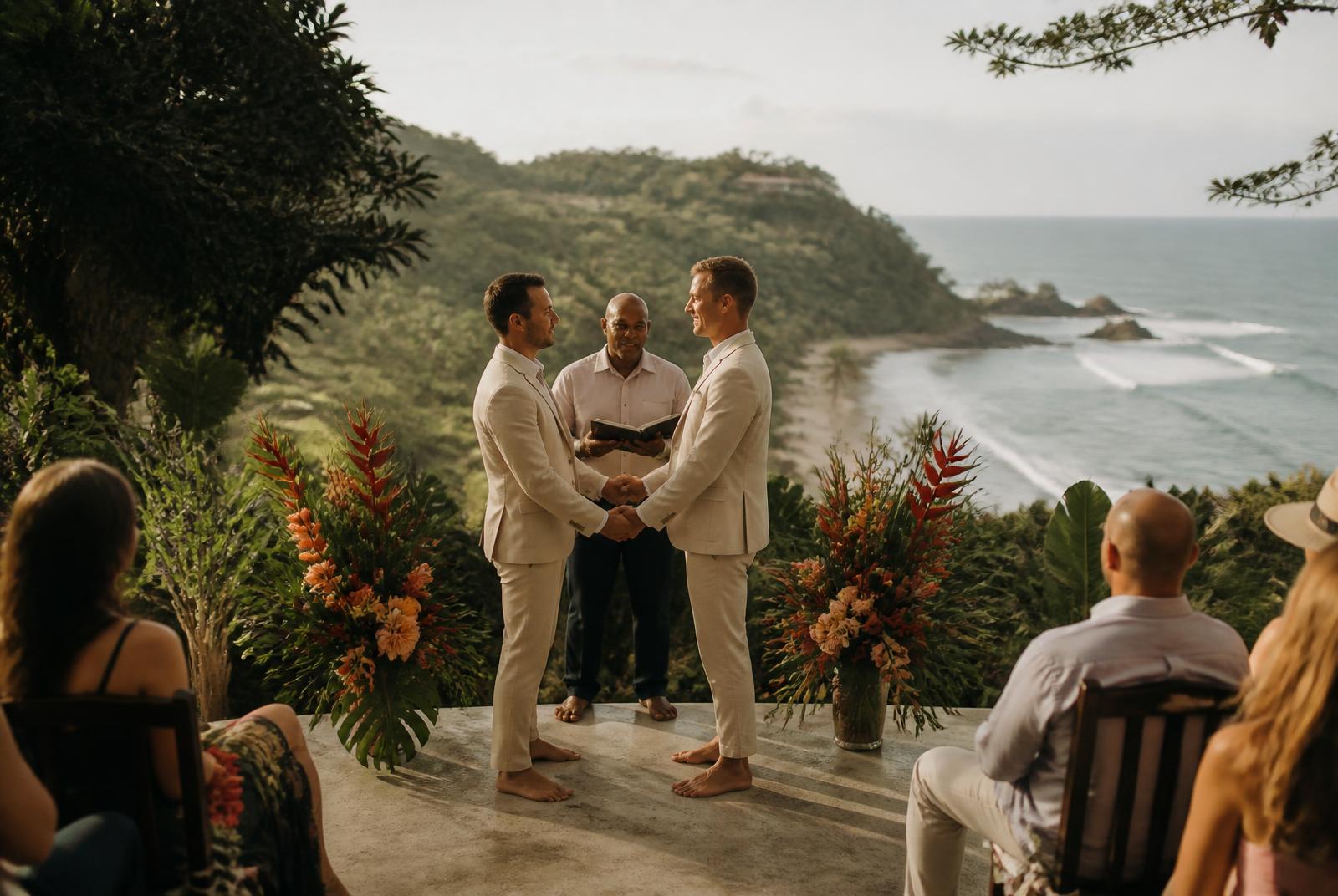 Two grooms exchanging vows on a jungle terrace overlooking the Pacific in Costa Rica